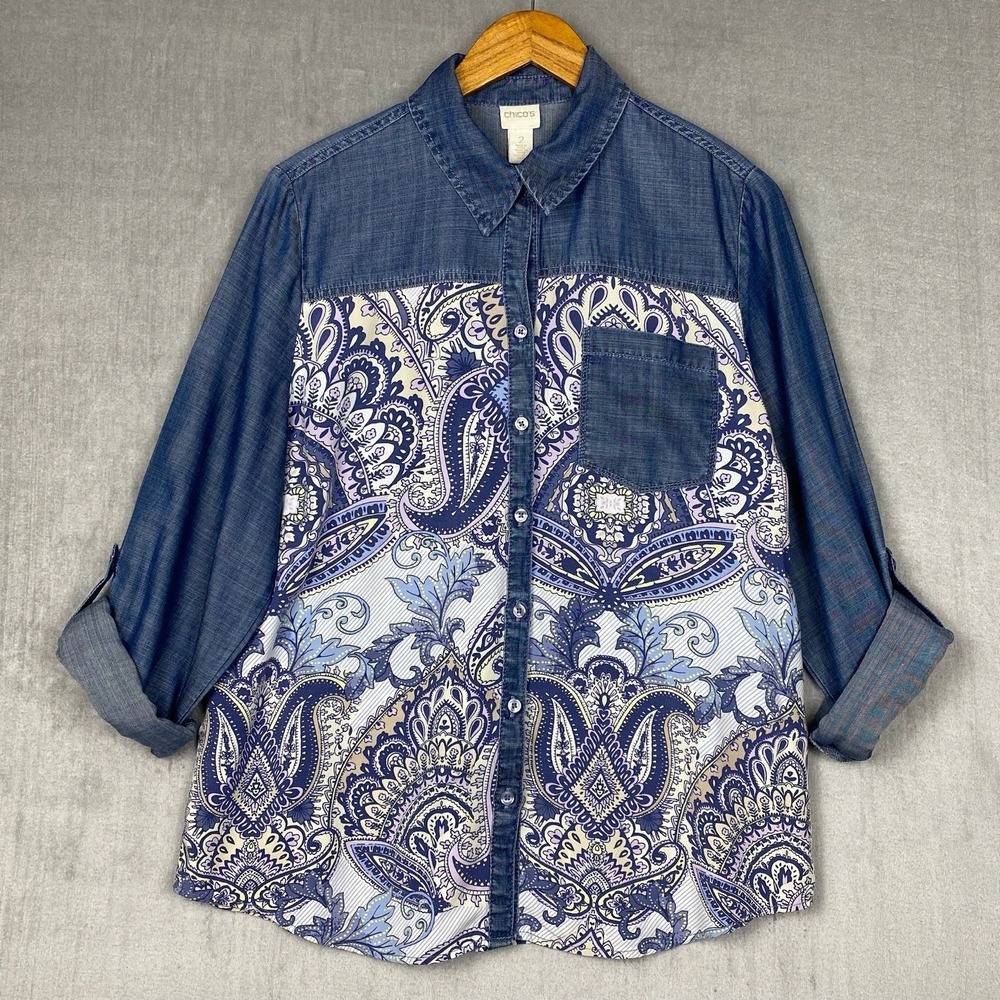 Chicos Button Up Womens 2/L Chambray Long Sleeve Western Paisley Preppy Boho‎